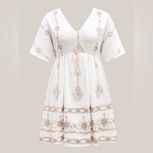 Boho Embroidered Waist Tie White Dress